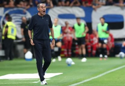 BÉRGAMO, ITALIA - 12 DE SEPTIEMBRE: El entrenador de Atalanta BC Maurizio Sarri reacciona durante el partido Serie A entre Atalanta BC y Parma Calcio en el Stadio Atleti Azzurri d'Italia el 12 de septiembre de 2026 en Bérgamo, Italia. (Foto de Marco Luzzani/Getty Images)