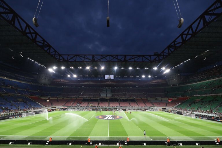 MILAN, ITALY - SEPTEMBER 16: A general view of the Giuseppe Meazza Stadium San Siro ahead of the UEFA Europa League 2026/27 League Phase MD1 match between AC Milan and SL Benfica at Stadio San Siro on September 16, 2026 in Milan, Italy. (Photo by Marco Luzzani/Getty Images)