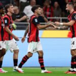ITALY - SEPTEMBER 20: Christian Pulisic of AC Milan celebrates scoring his team’s first goal with teammate Mario Gila during the Serie A match between AC Milan and US Lecce at Stadio Giuseppe Meazza on September 20, 2026 in Italy. (Photo by Marco Luzzani/Getty Images)