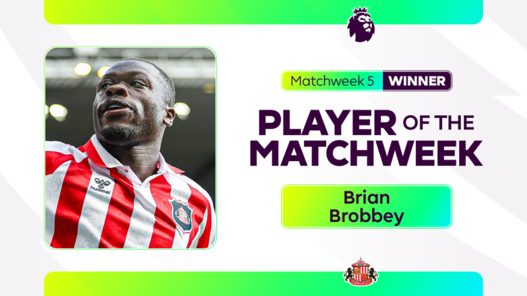 Brian Brobbey con la camiseta del Sunderland en el gráfico de ganador de la quinta jornada