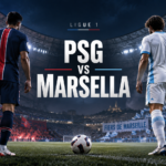 Ilustración del clásico PSG vs Marsella en un estadio iluminado.