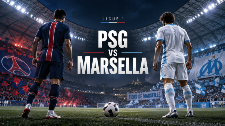 Ilustración del clásico PSG vs Marsella en un estadio iluminado.