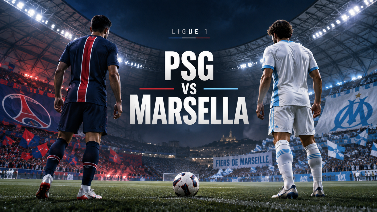 Ilustración del clásico PSG vs Marsella en un estadio iluminado.