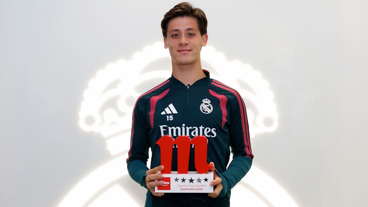 Arda Güler posa con ropa de entrenamiento del Real Madrid